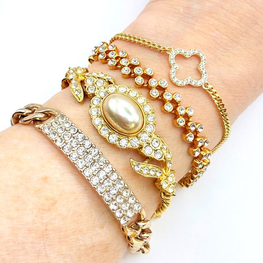 Lot of 4 Vtg Elegant Crystal Bracelets Chain Gold Tone Clover EVRY ID Faux Pearl